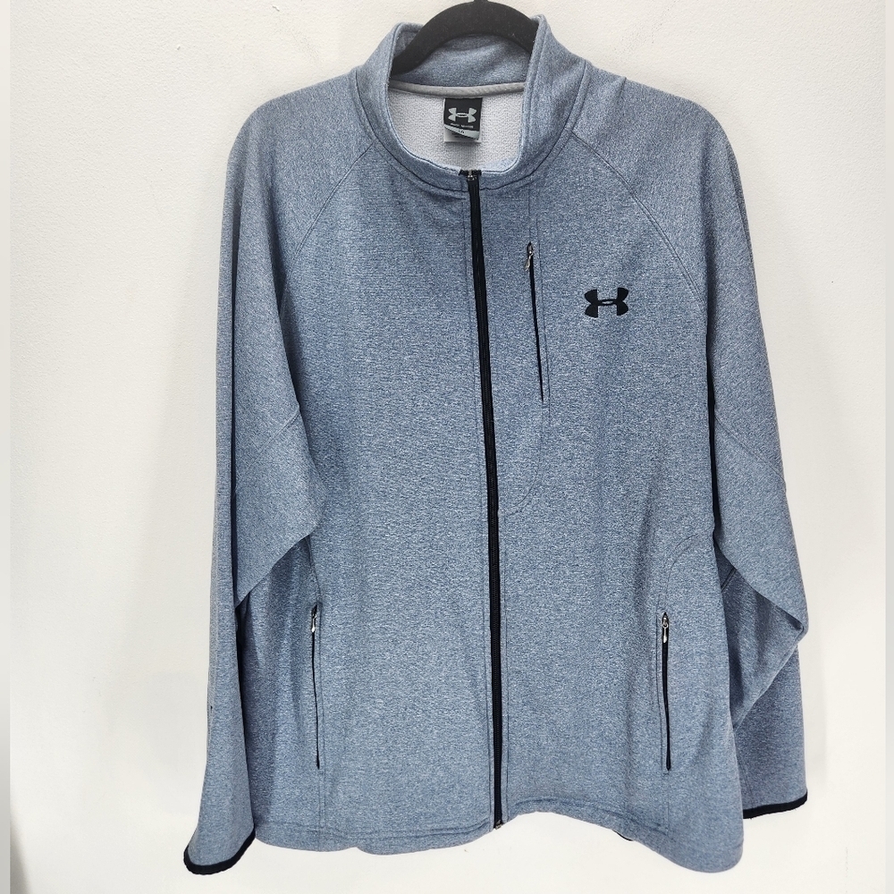 Under Armour Full Zip Fleece Sweater Mens Large Blue Mock Neck Pockets